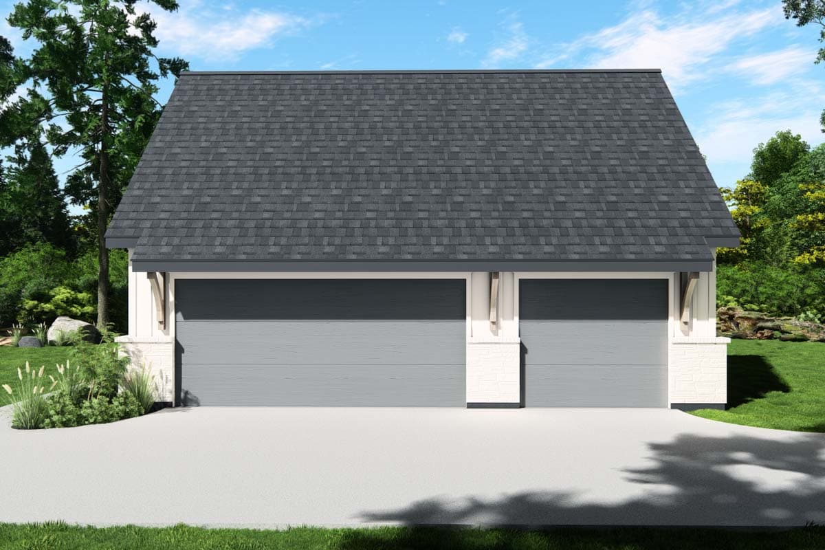 House plan exterior view of a two-car garage with a symmetrical gable roof and decorative wood braces.