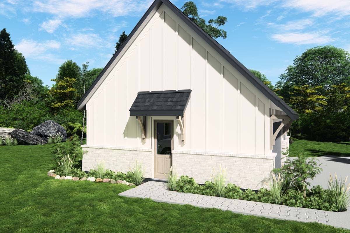 House plan exterior: Modern Farmhouse style, board and batten siding, stone base, small covered entry with decorative brackets.