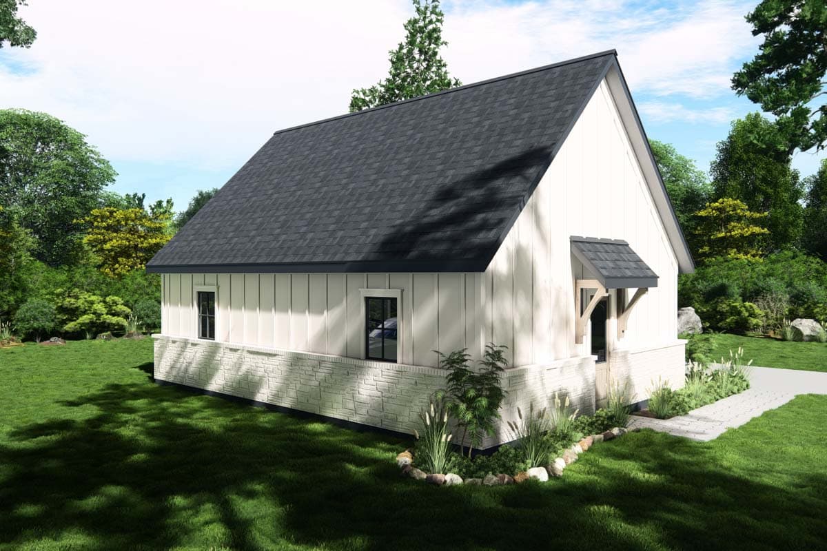 Modern Farmhouse house plan exterior with vertical siding, stone foundation, gable roof, and small peaked awning over entry.