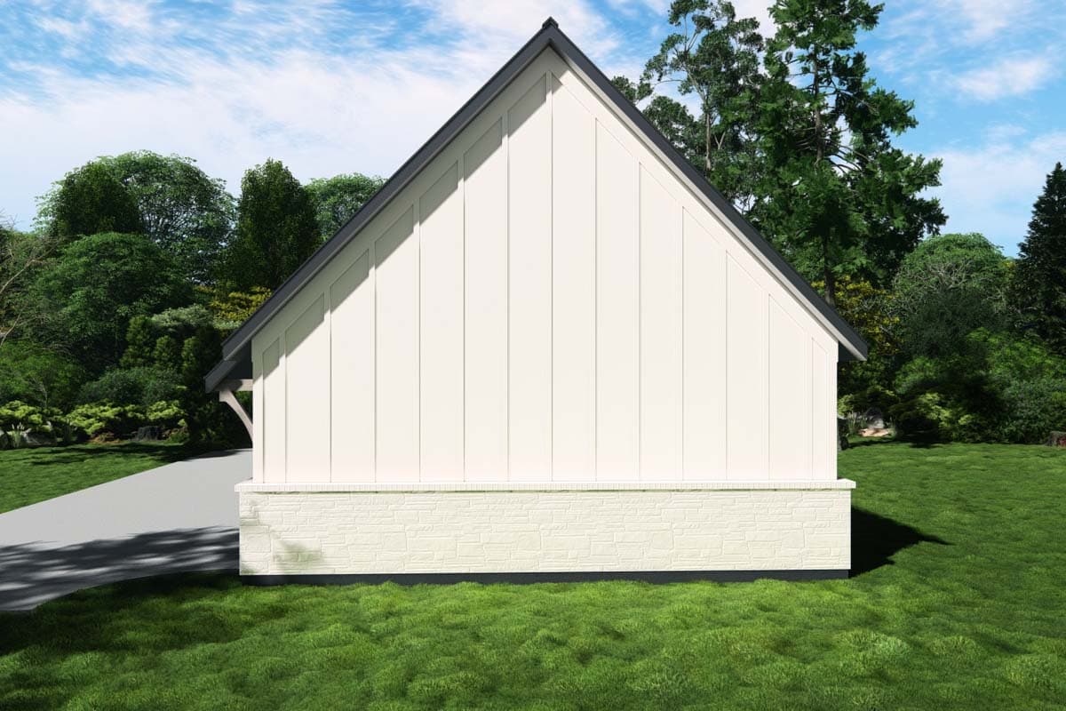 House plan exterior: Modern Farmhouse style, two stories, white board-and-batten siding, stone foundation, prominent gable.