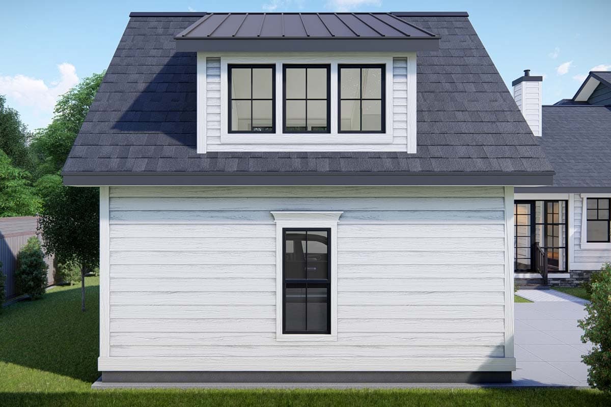 House plan exterior shows a dormer with three windows above horizontal siding and a single window below.