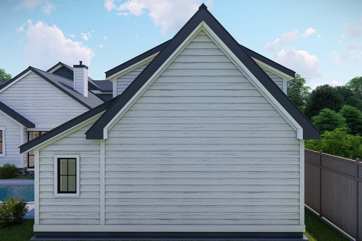 House plan exterior rendering showing a gabled roof with dark trim and horizontal siding. Features a small window.