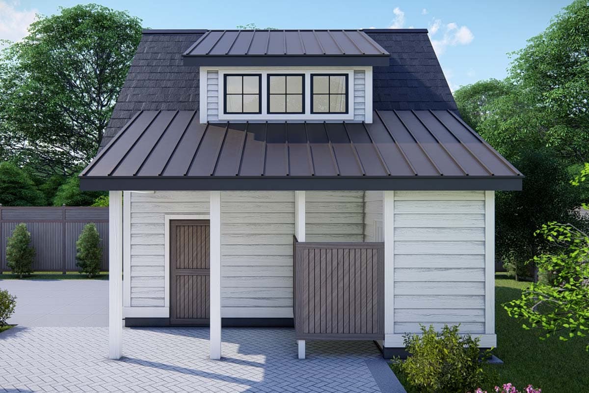House plan exterior: Modern Farmhouse style, 1.5 stories, with a metal gable roof, dormer window, and covered porch.
