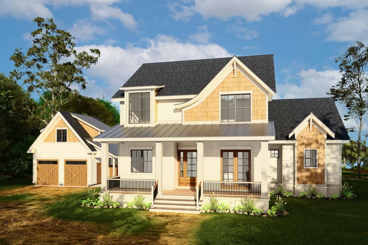 Two-story house plan exterior with a covered porch, gables with wood shingle accents, and attached two-car garage.