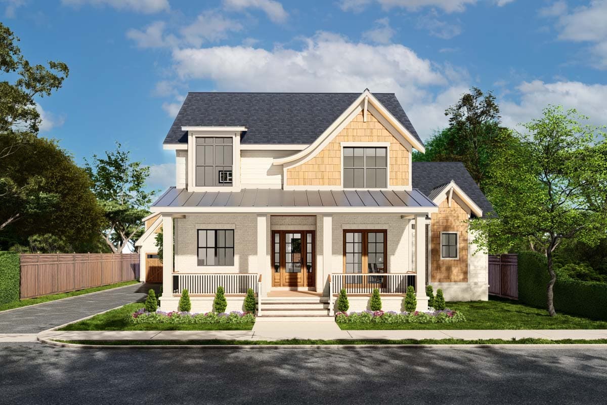 House plan exterior. Two-story home with a front porch, gables, and a mix of horizontal siding and brick. A metal roof is visible.