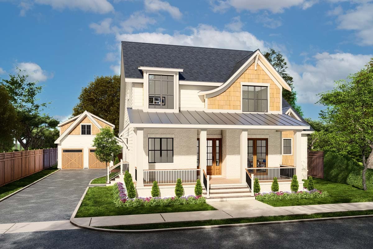 House plan exterior of a two-story Modern Farmhouse with a gabled roof, wraparound porch, and detached two-car garage.