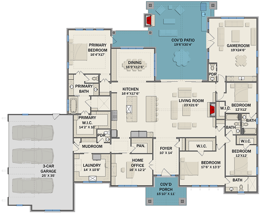 Plan 25436TF: Contemporary Craftsman with 4 Beds and Large Outdoor Living Room - 4105 Sq Ft - Floor Plan - Main Level - Contemporary, Craftsman, New American