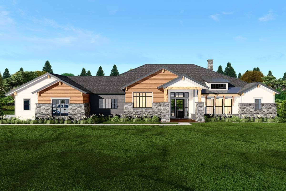 House plan exterior. Ranch style with multiple gables, stone veneer accents, wood siding, and a covered front porch with exposed beams.