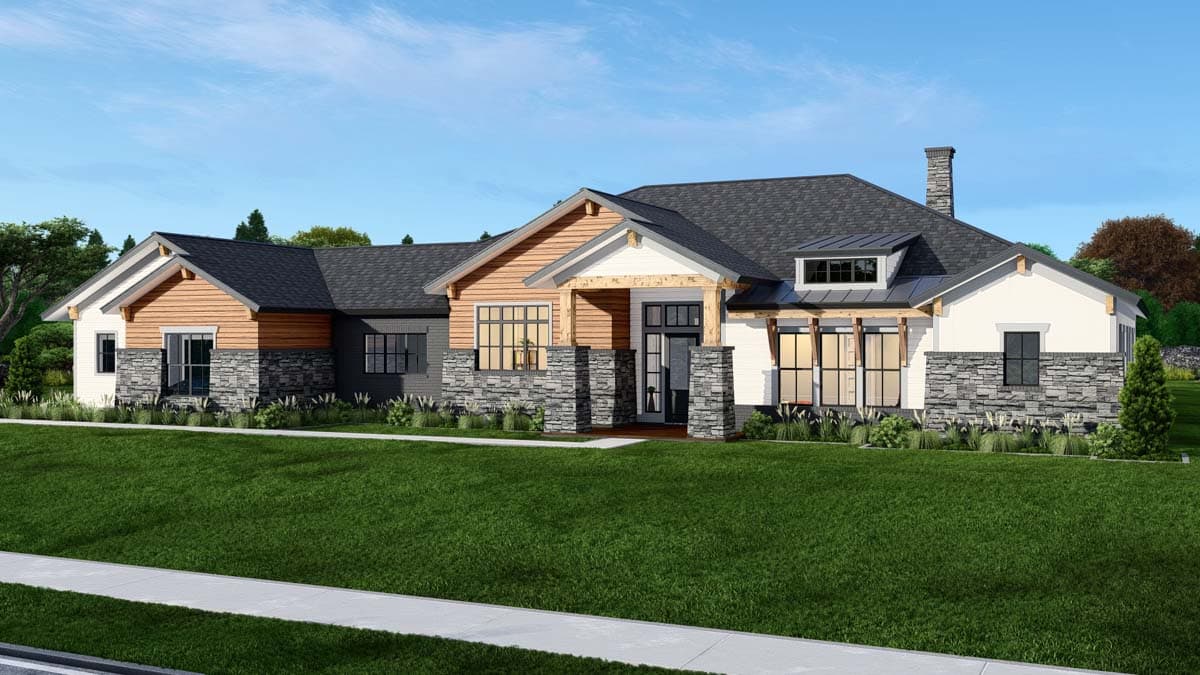 House plan exterior: Modern design with stone and wood accents, prominent gables, large windows, and covered entry.