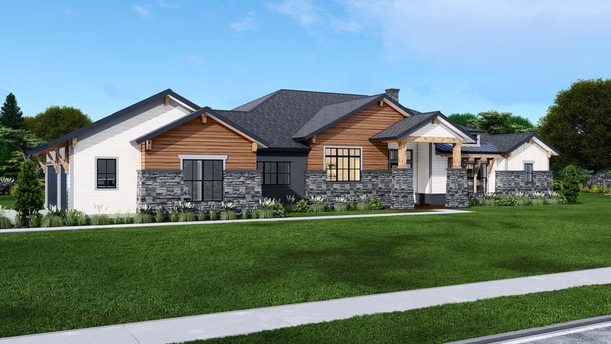 House plan exterior: Single-story Modern Farmhouse with stone and wood siding, gabled rooflines, exposed beams, and attached garage.
