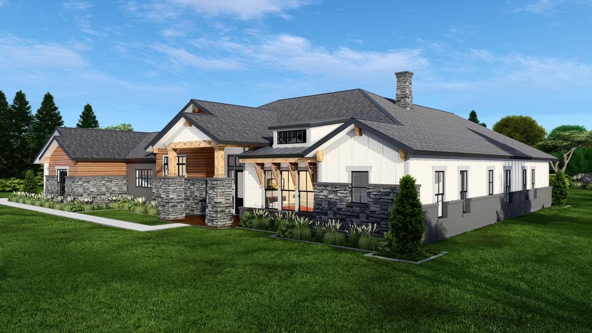 Modern Farmhouse house plan exterior with stone and wood accents, multiple gables, and a prominent chimney. Single story.