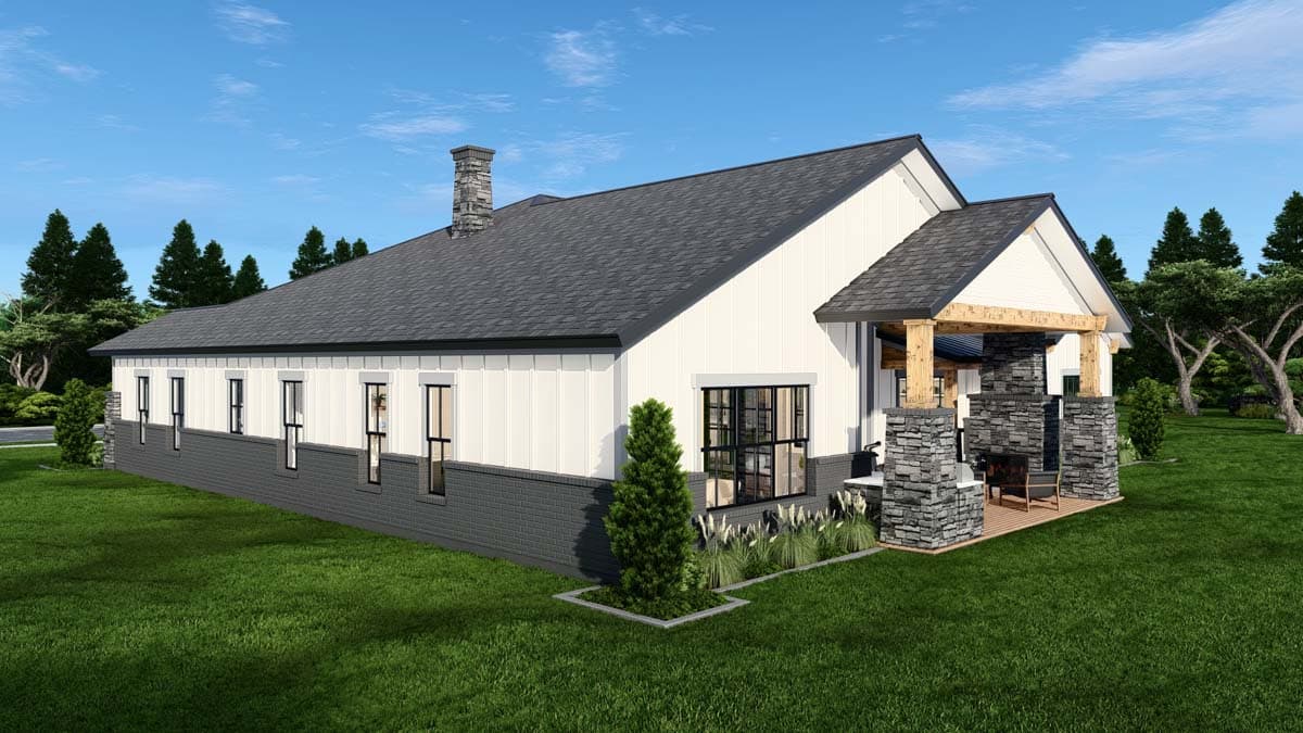 House plan exterior: single-story modern farmhouse with board-and-batten siding, stone wainscoting, gable roof, and covered porch with stone chimney.