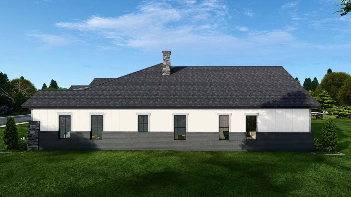 House plan exterior: Single-story, dark brick base, white siding, gabled roof, and prominent stone chimney.