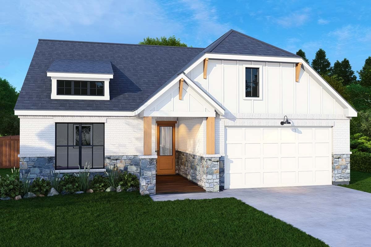 House plan exterior: Modern Farmhouse style, one story, white brick, stone accents, covered porch, dormer, and attached garage.