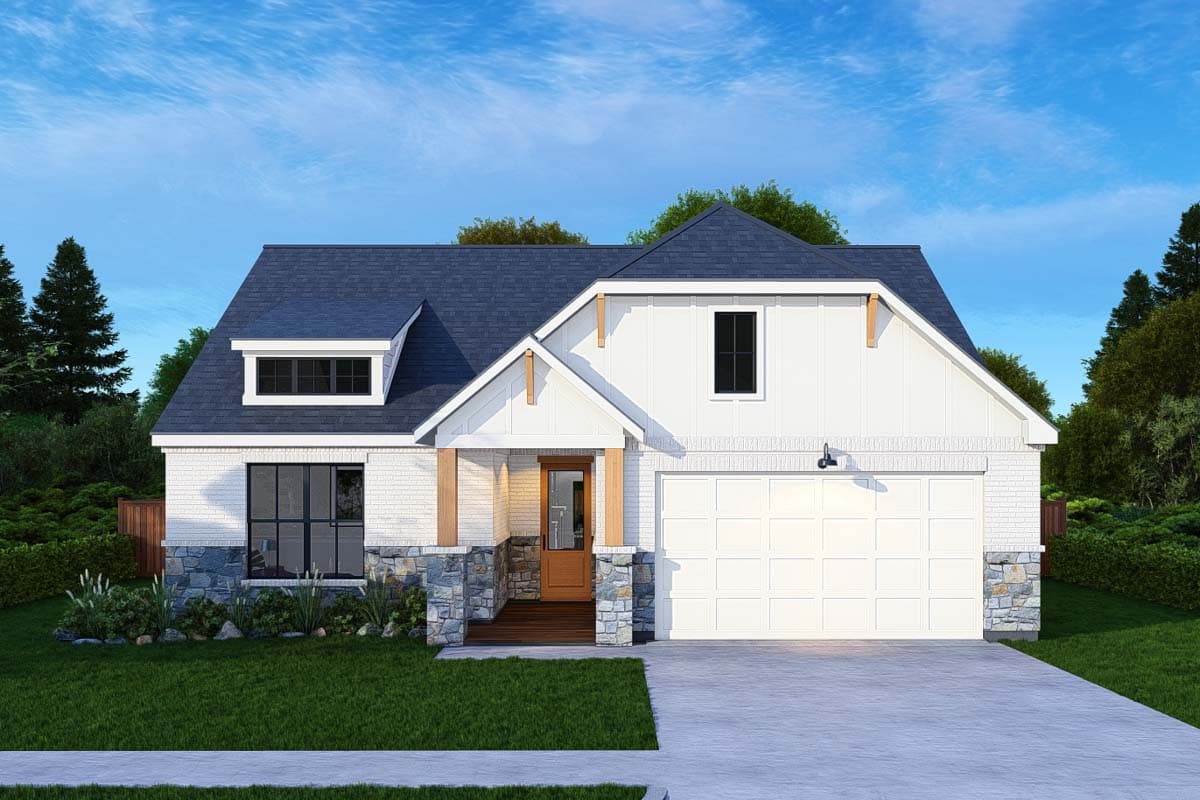 House plan exterior with Craftsman-style elements. Features include a two-story design, gabled roof, stone accents, and a front-facing garage.