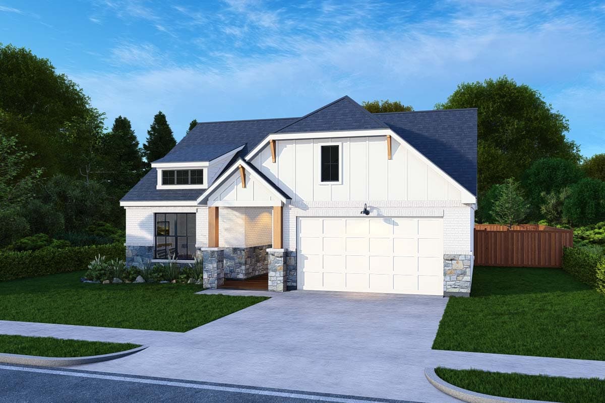 House plan exterior: Modern Farmhouse style, two stories, white board and batten siding, stone accents, covered porch, and attached garage.