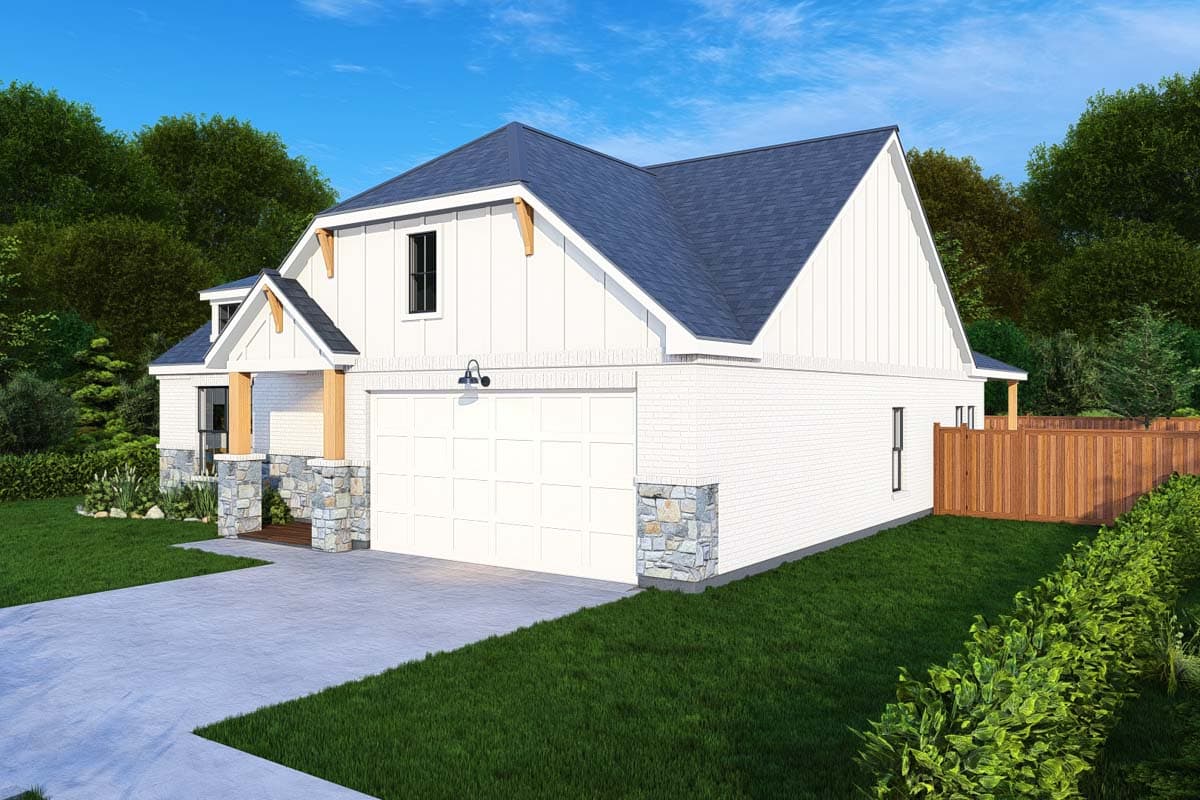 Modern Farmhouse house plan exterior with white board and batten siding, stone accents, gabled dormer, and side-entry garage.