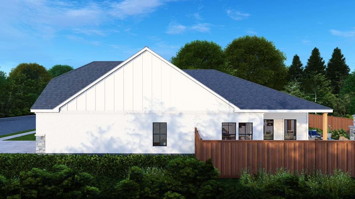 House plan exterior. Modern design with white brick and vertical siding, gable roof, and wooden fence.
