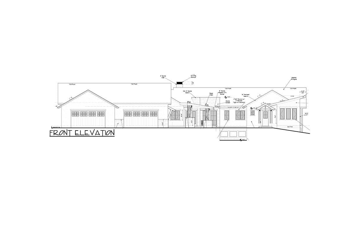 Front elevation drawing of a single-story house with a two-car garage, gabled roof, and covered entryway.