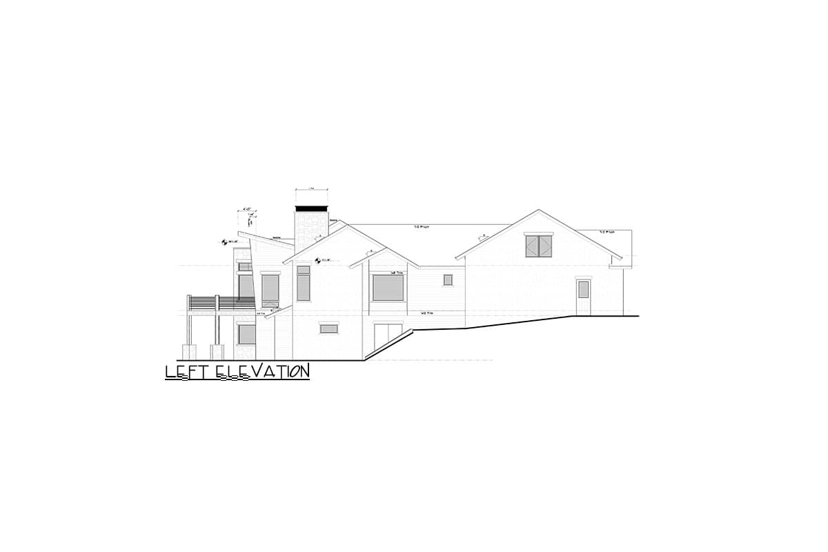 Left elevation drawing of a multi-story house plan featuring a deck, varied rooflines, and a prominent stone chimney.