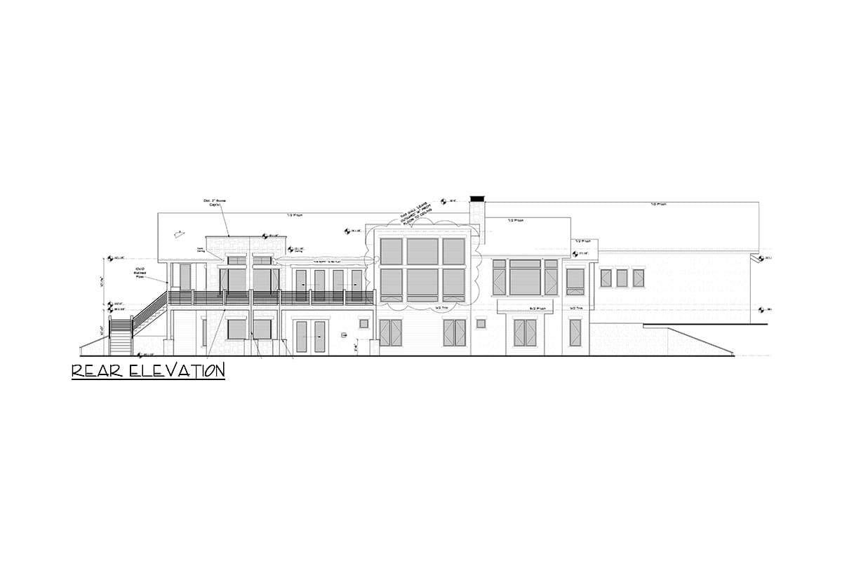 Rear elevation drawing showing a multi-story house with a deck, large windows, multiple doors, and a pitched roof.