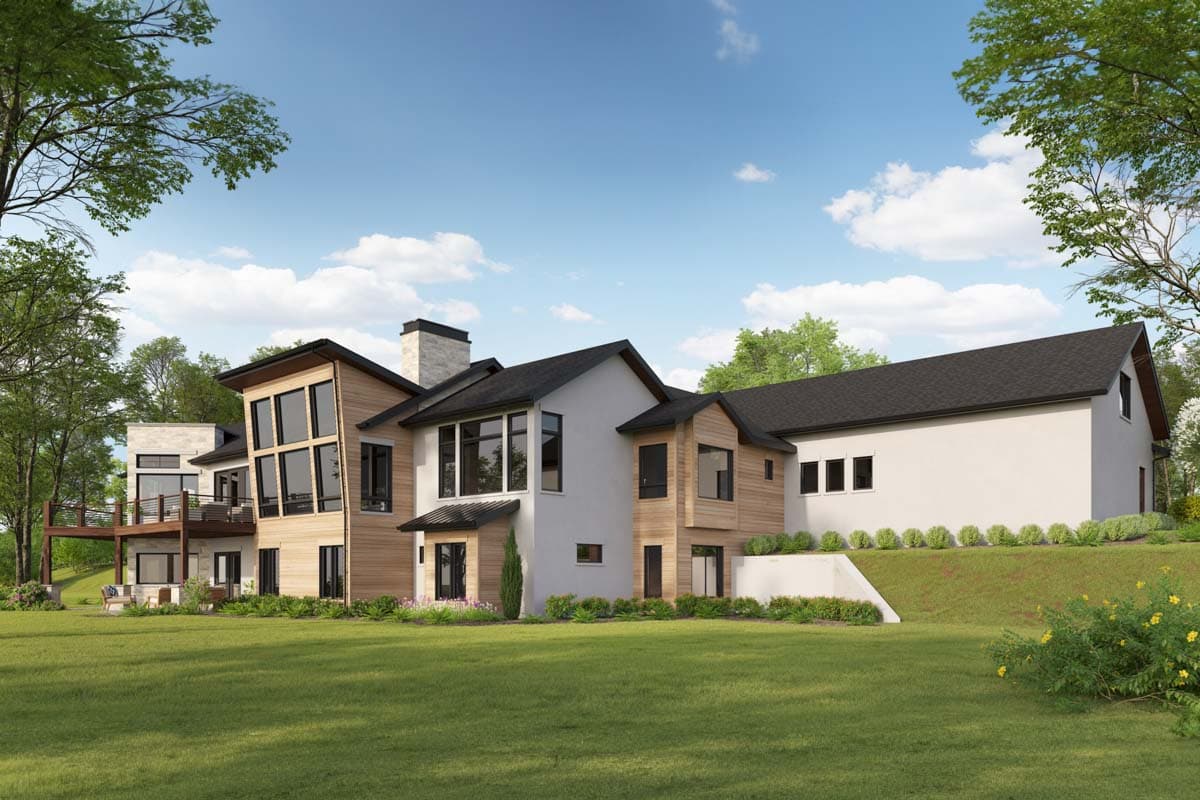 Modern house plan exterior with multiple gables, wood siding, stone chimney, and extensive windows.