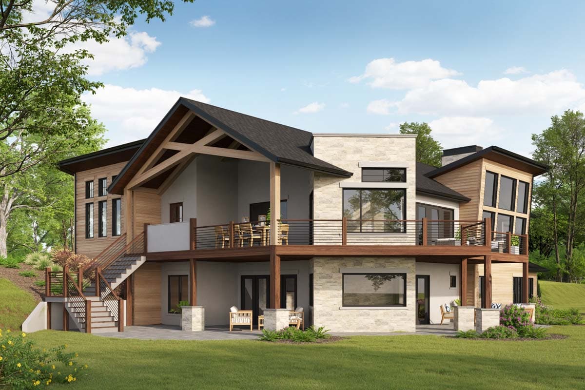 Modern house plan exterior with multiple levels, stone accents, wood siding, cantilevered decks, and exposed timber framing.