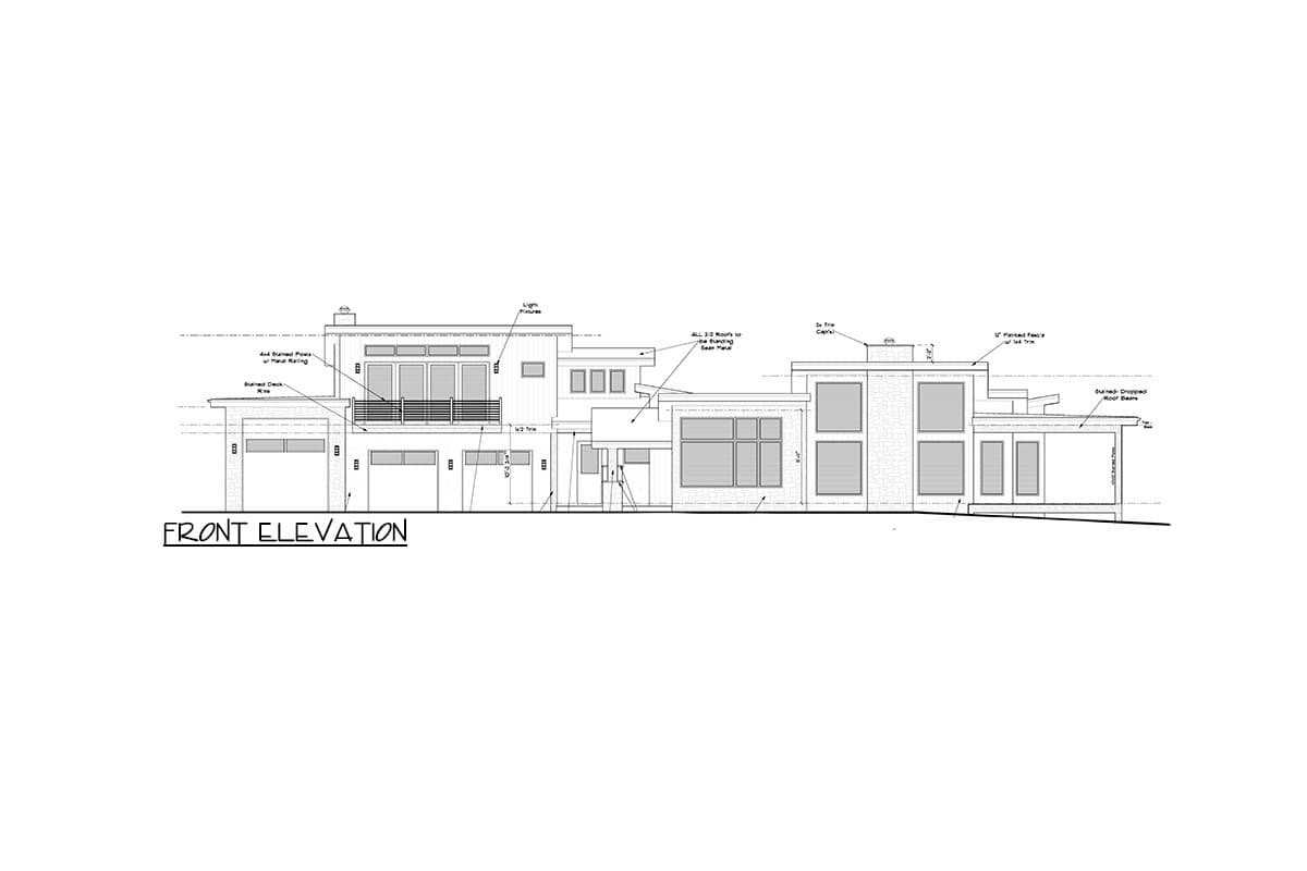 Front elevation drawing of a modern house with multiple garage doors, a balcony, and stacked windows.
