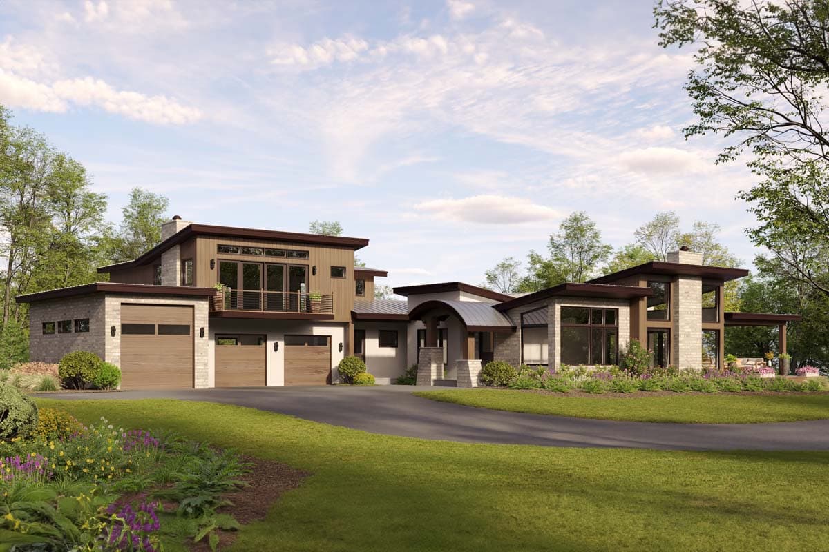 House plan exterior. Two-story Modern house with a flat roof, large windows, and a detached garage with exposed beams.