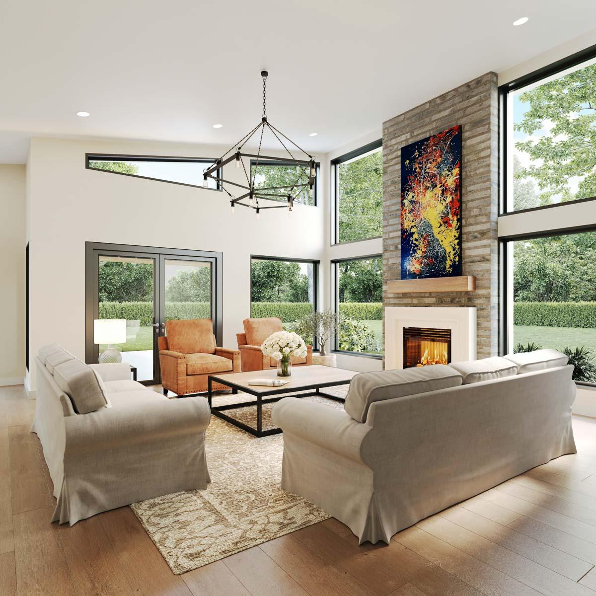 Living room with stone fireplace, vaulted ceiling, large windows, and modern chandelier.