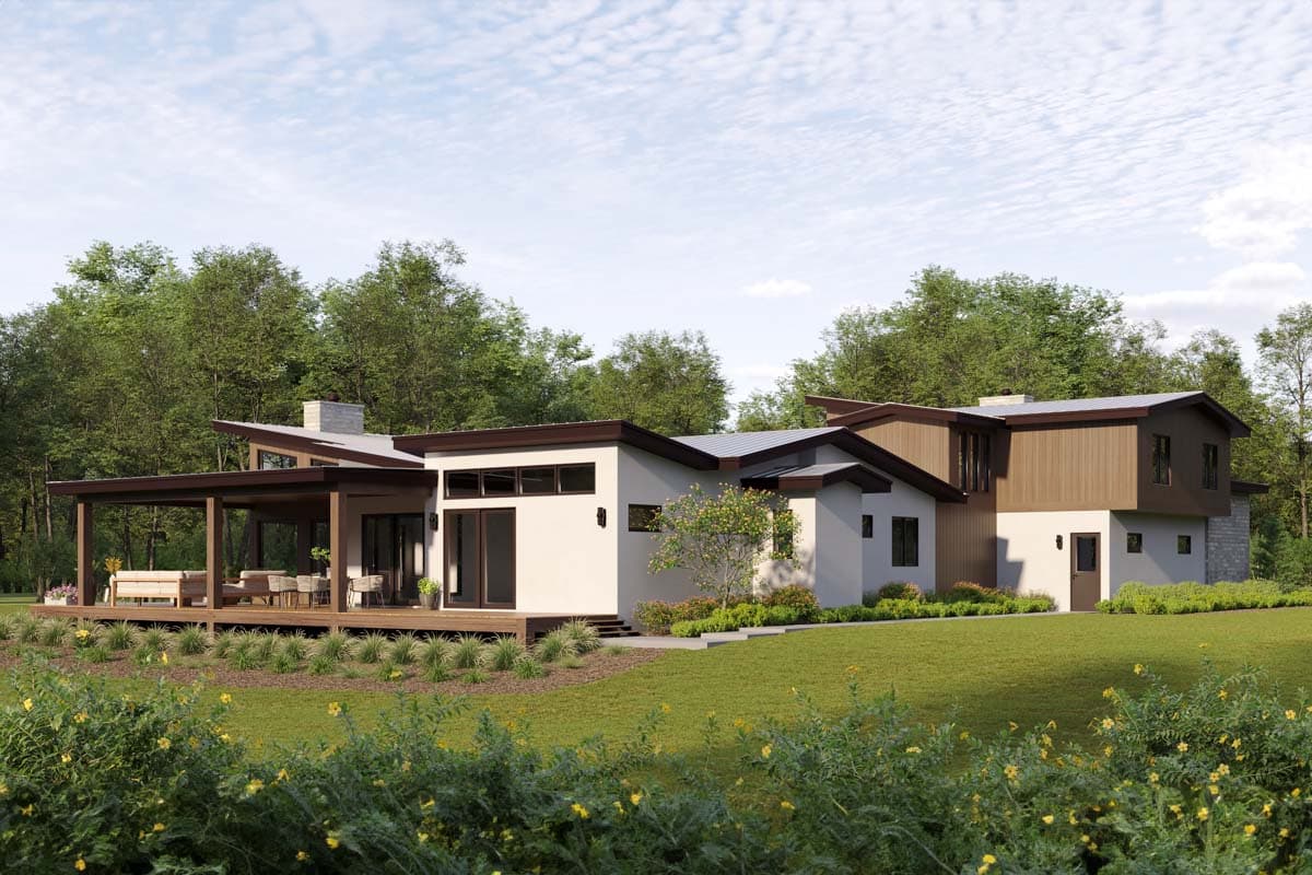 Modern house plan exterior with a covered porch, pitched rooflines, expansive windows, and wood and stucco facade.