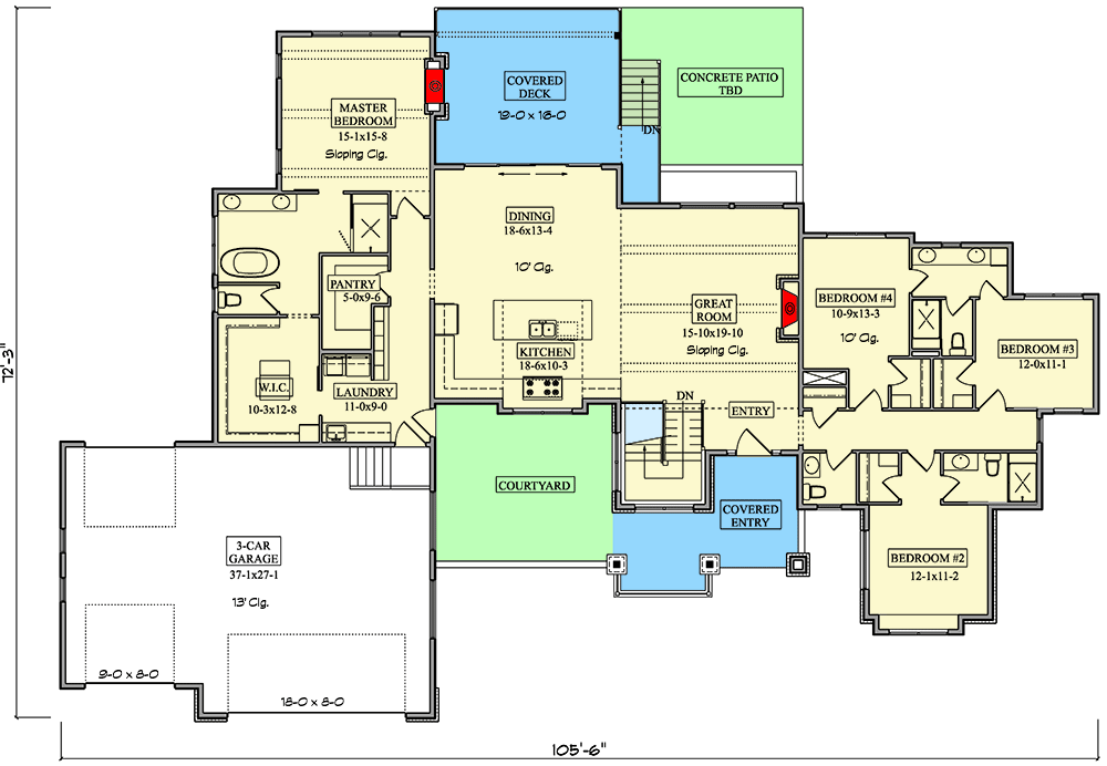 Plan 95238RW: Split Bedroom Modern House Plan with Drive-Through 3-Car Garage - 2730 Sq Ft - Floor Plan - Main Level - Contemporary, Mid Century Modern, Modern, Mountain, Prairie, Ranch, Transitional
