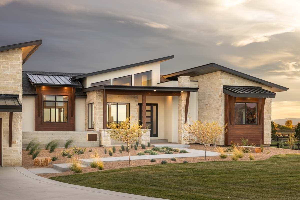 Modern house plan exterior with stone accents, asymmetric rooflines, multiple gables, and wood detailing.