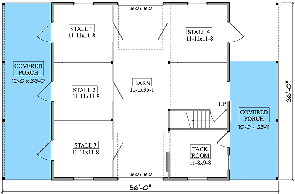 Plan 95242RW: Drive-Through Barn with 4 Stalls and 2 Bed Apartment Above - 1026 Sq Ft - Floor Plan - Main Level - Country, Rustic