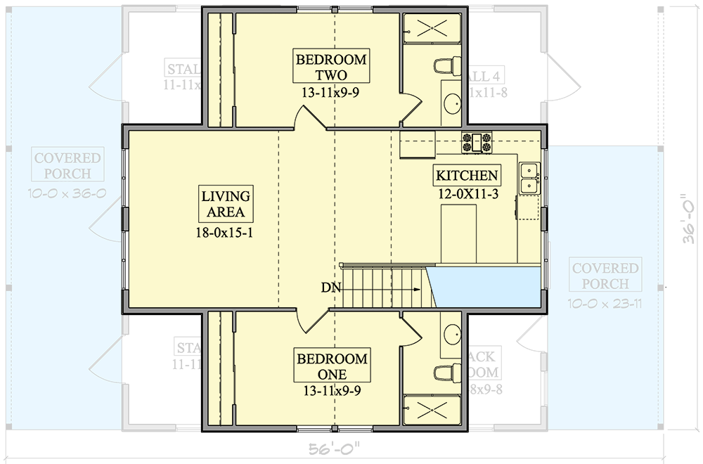 Plan 95242RW: Drive-Through Barn with 4 Stalls and 2 Bed Apartment Above - 1026 Sq Ft - Floor Plan - 2nd Floor - Country, Rustic