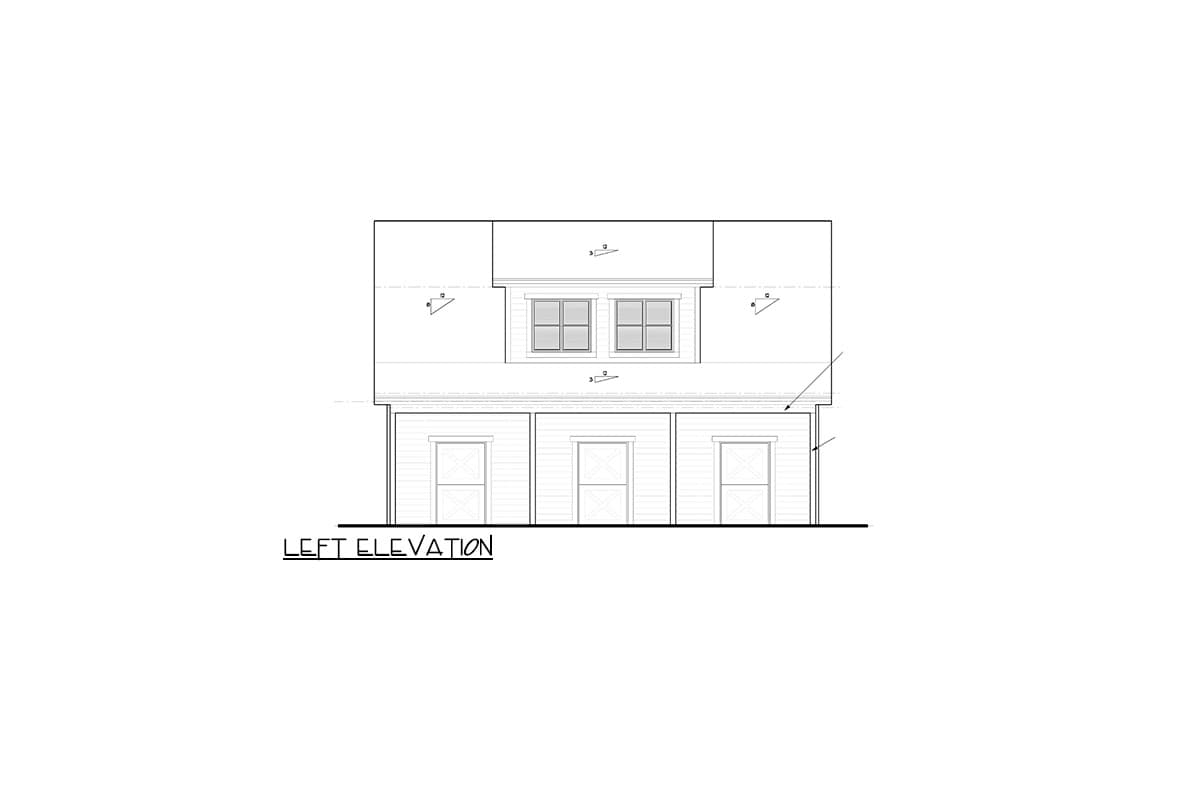 Left elevation drawing of a house plan featuring three doors on the first level and two windows on the second level.