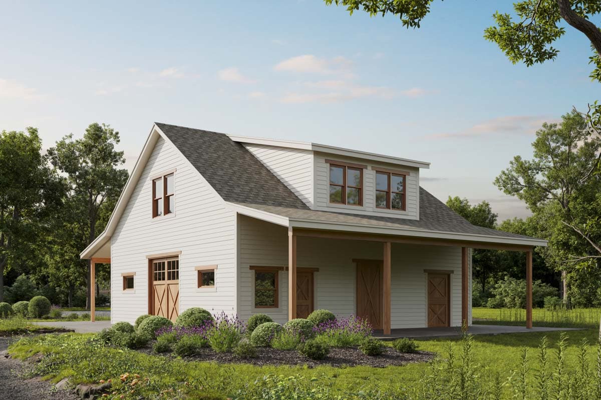 House plan exterior. A two-story modern farmhouse with a shed roof porch, gable roof, and dormer windows.