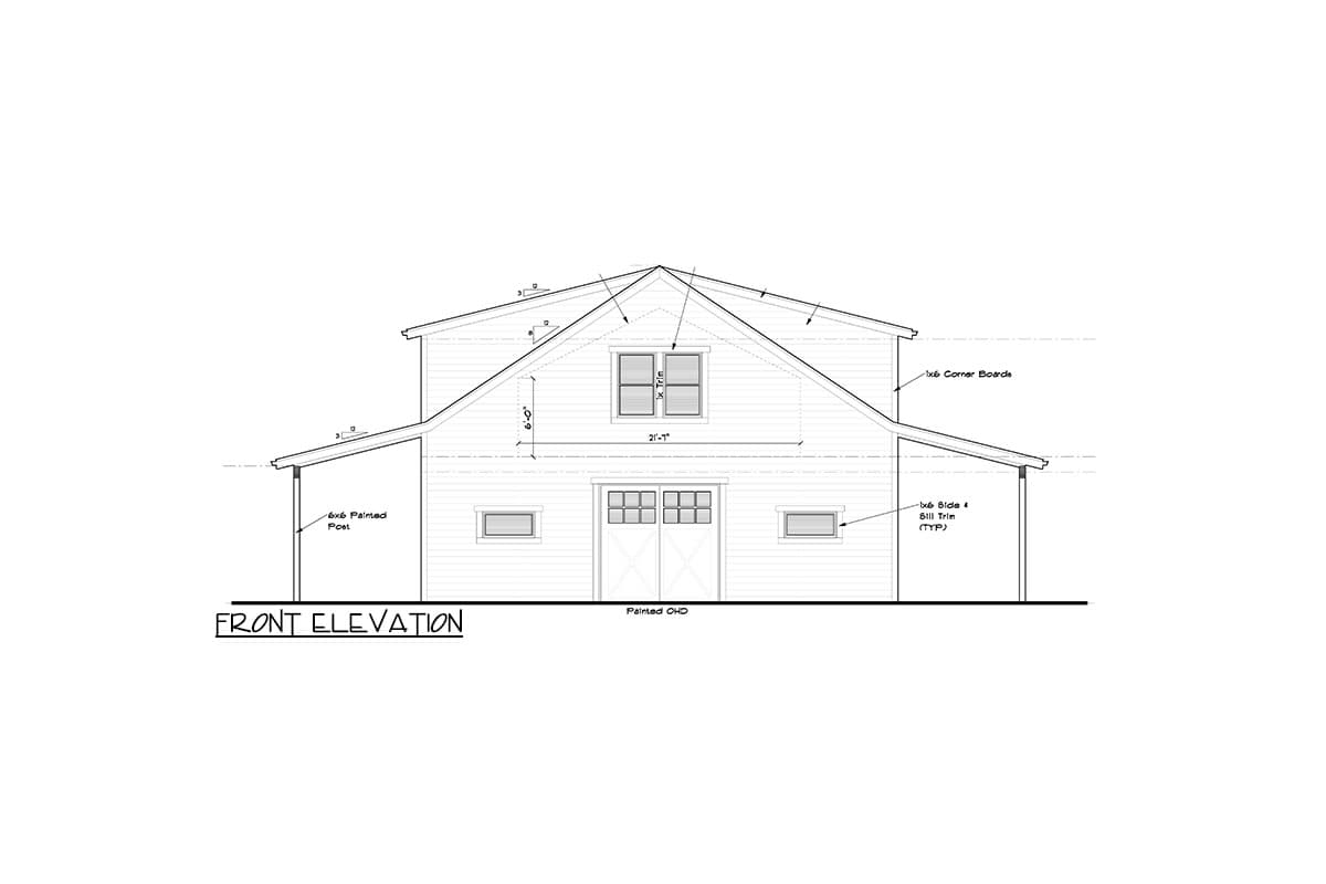 Front elevation house plan with gambrel roof, double doors, two upper windows, and two side windows.