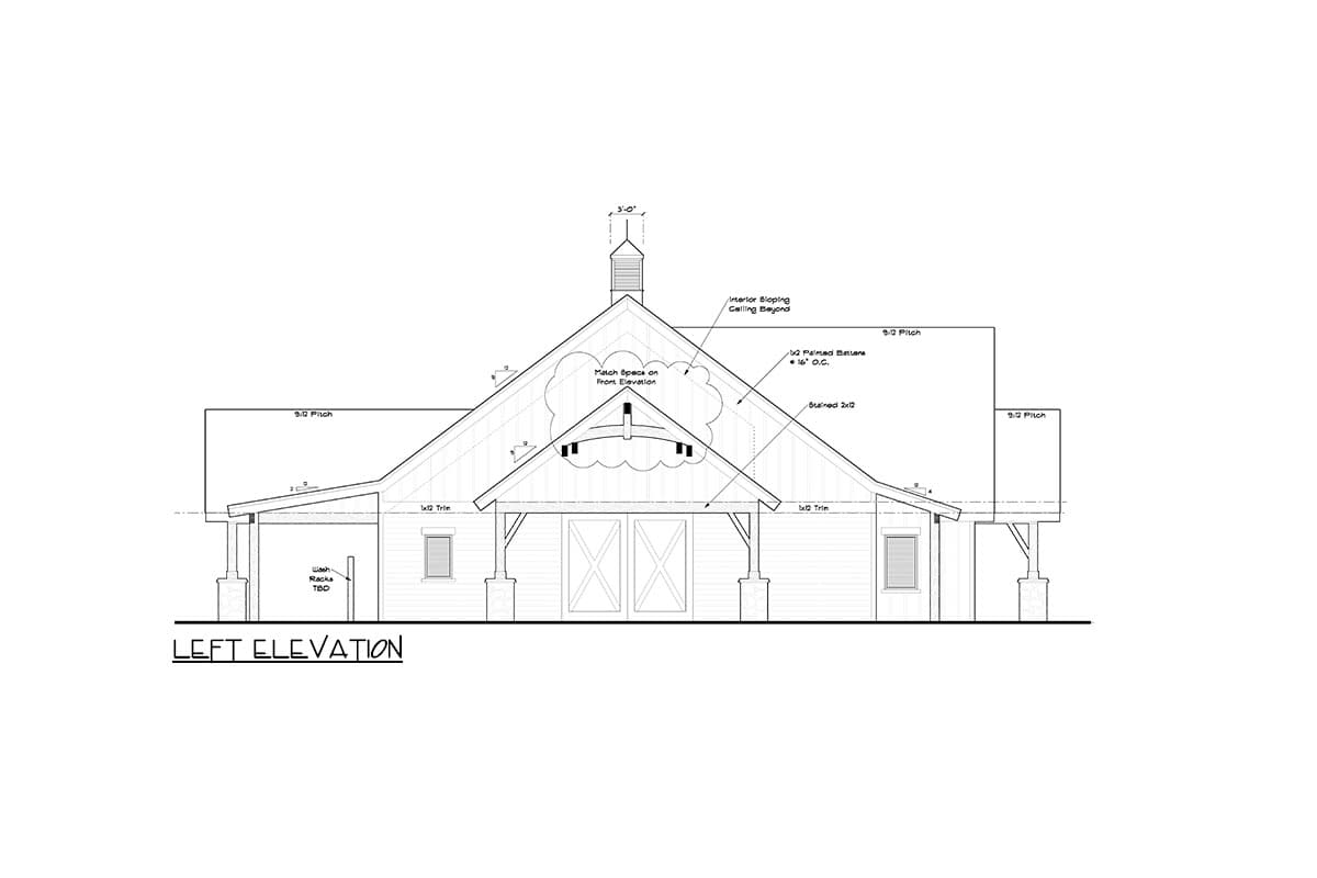 Left elevation house plan drawing featuring a gambrel roofline, cupola, double doors, and covered porch.