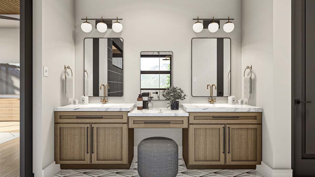 Modern bathroom with dual sinks, mirrors, and lighting. Wooden cabinetry, marble countertops, and a neutral color palette create a spa-like aesthetic.