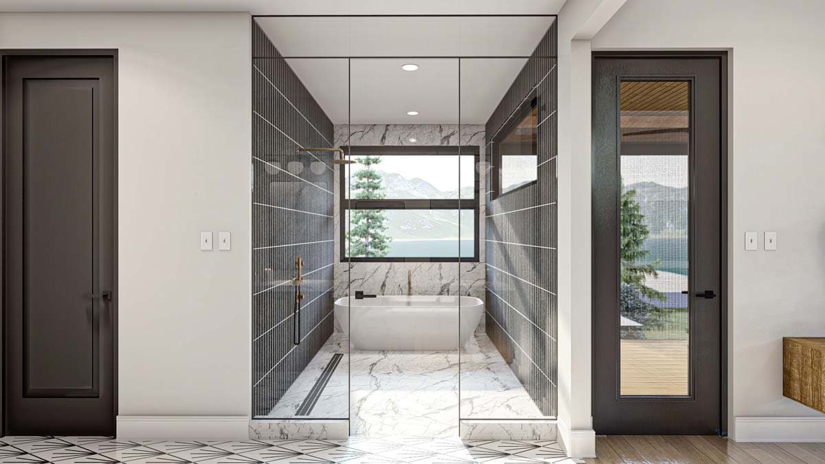 Modern bathroom with a glass-enclosed shower, freestanding tub, and a window with a mountain view, flanked by two dark doors.