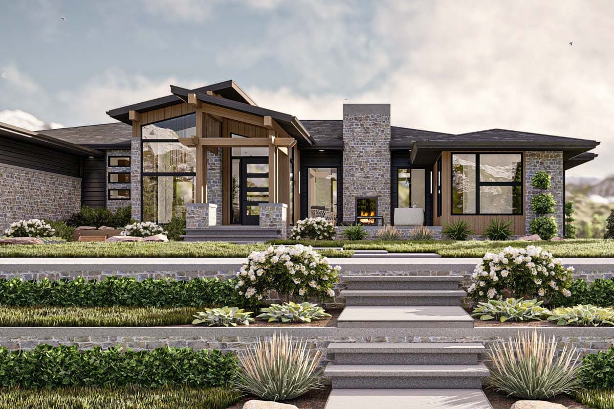 Modern architectural rendering of a luxury home. Stone and wood exterior, glass windows, a fireplace, and a manicured landscape are prominent.