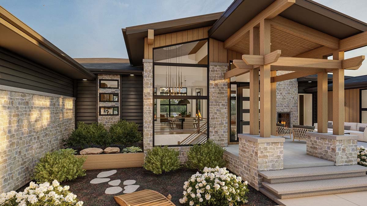 A modern home exterior with stonework, a wooden pergola, and large windows. Landscaping features bushes, a small wooden bench, and stepping stones.