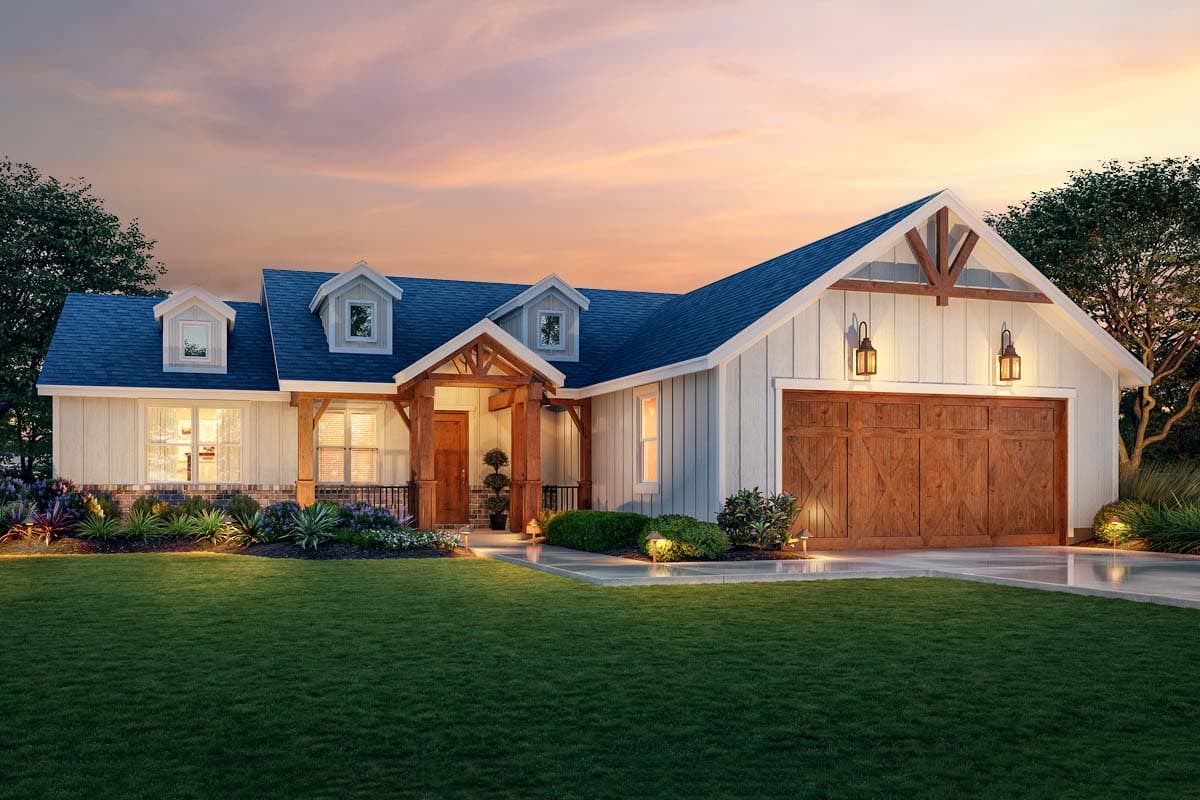 House plan exterior. Modern farmhouse style with dormers, a front porch, and a gable roof over the attached garage.