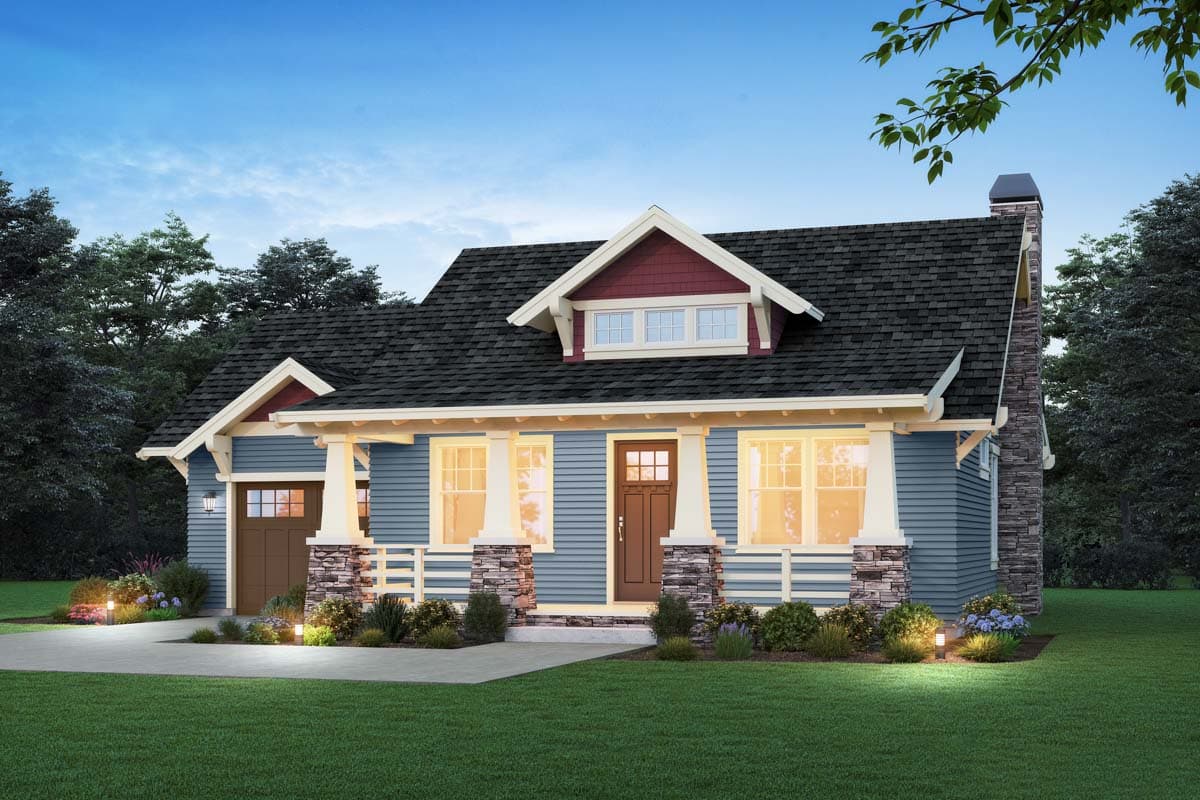House plan exterior featuring a Craftsman style. One story with gables, a covered porch with stone columns, and a side-entry garage.