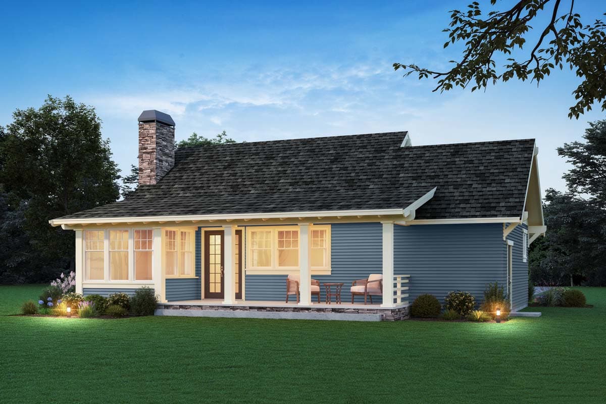 House plan exterior: Single-story home with a covered porch, stone chimney, and gabled roof.