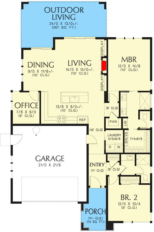Plan 69831AM: New American House Plan with 2 Beds and a Home Office - 1382 Sq Ft - Floor Plan - Main Level - Contemporary, New American, Ranch, Scandinavian