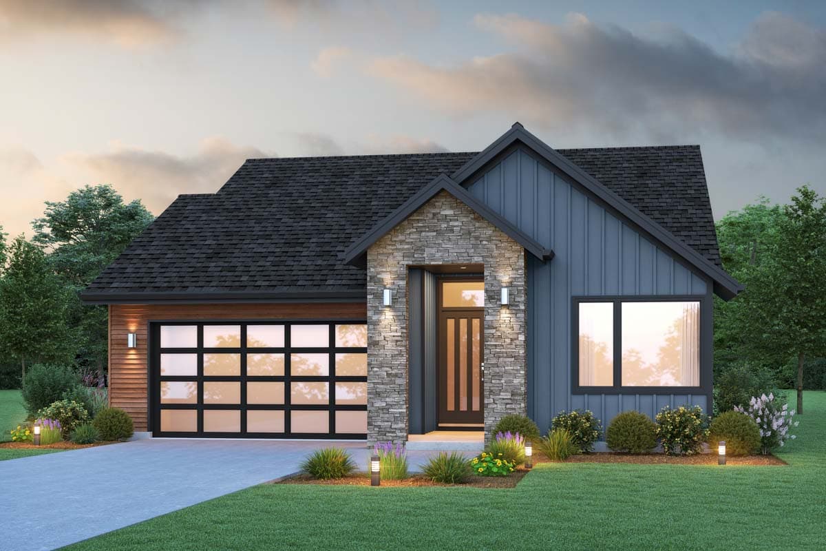 House plan exterior with board and batten siding, stone-clad entry, and a modern garage door. Features a gable roof and a mix of materials.