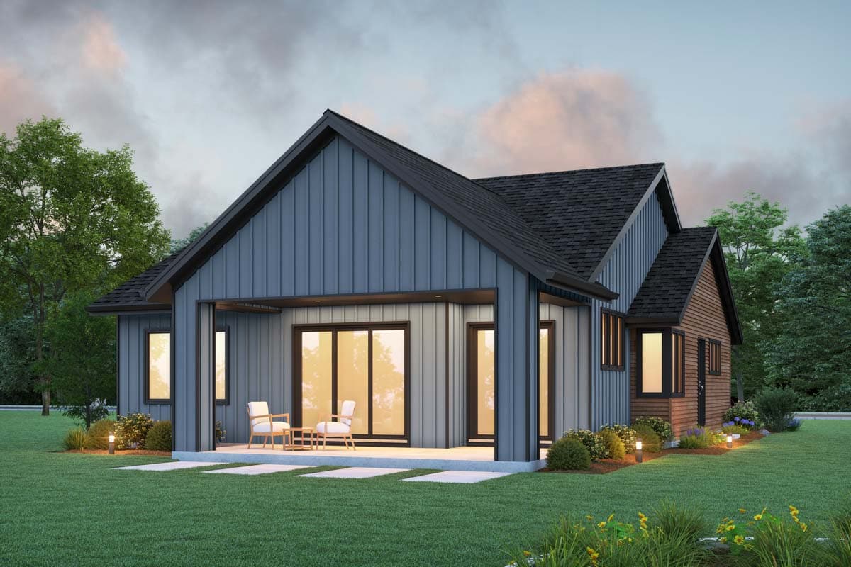 House plan exterior: Modern style, one-story home with vertical siding, gabled roof, covered patio, and large sliding glass doors.