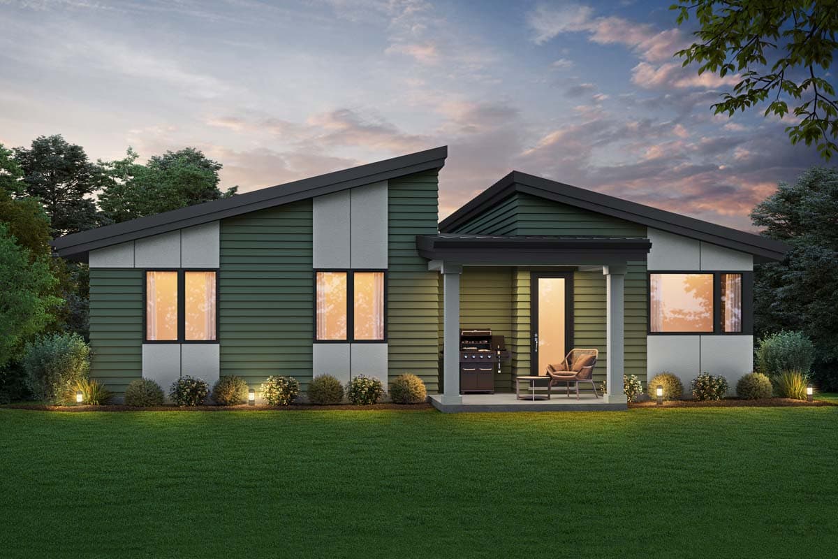 Modern house plan exterior with asymmetric rooflines, green horizontal siding, white panels, covered porch, and large windows.